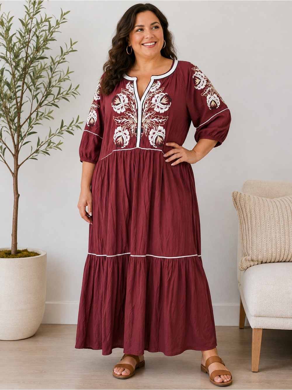 Anthropologie Gretel Maxi Dress Burgundy Cotton Size 3XL Ruched Embroidered Boho